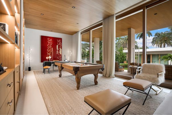 Billiard Table, Game Room, Interior, Recessed Lighting, Wooden Ceilings, Wooden Walls
