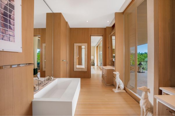 Bathroom, Interior, Recessed Lighting, Wood Texture Flooring, Wooden Walls