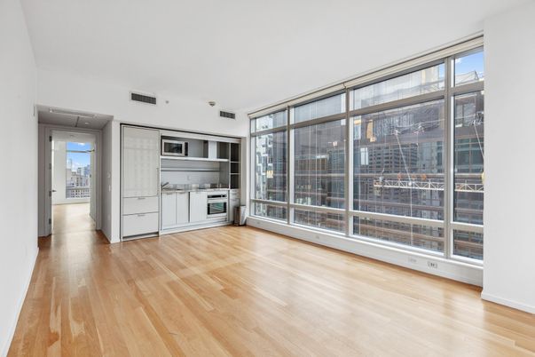 Empty room, Interior, Kitchen, Stainless Steel Appliances, Wood Texture Flooring