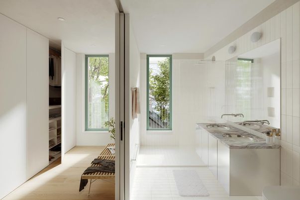 Bathroom, Interior, Recessed Lighting, Wood Texture Flooring