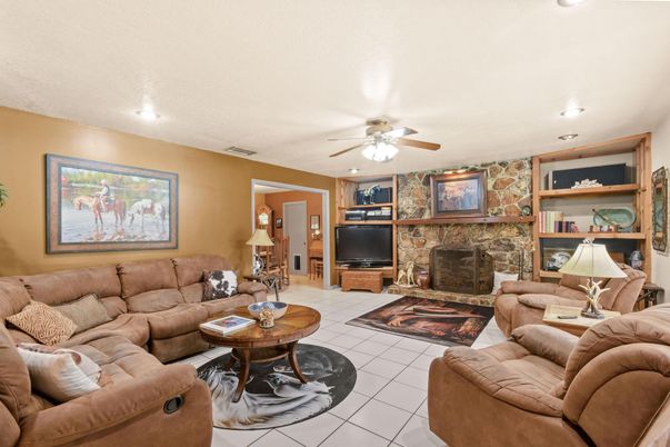 Fireplace, Interior, Living room, Recessed Lighting, Stone Walls