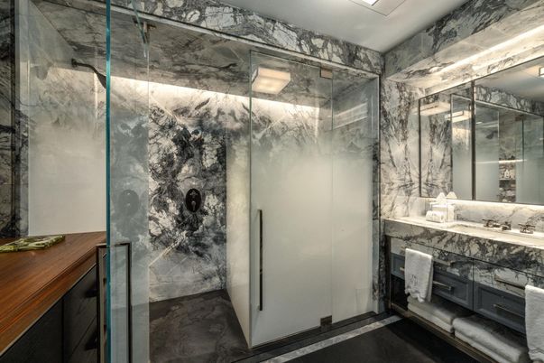 Bathroom, Glass Shower, Interior, Marble Walls