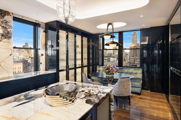 Dining room, Interior, Pendant Lights, Recessed Lighting, Wood Texture Flooring