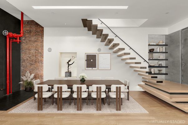 Dining room, Interior, Recessed Lighting, Stone Walls, Wood Texture Flooring