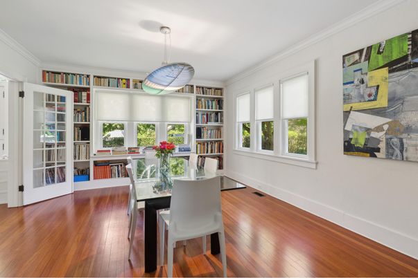 Dining room, Interior, Pendant Lights, Wood Texture Flooring
