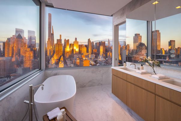Bathroom, Free Standing Baths, Interior, Marble, Marble Walls, Recessed Lighting
