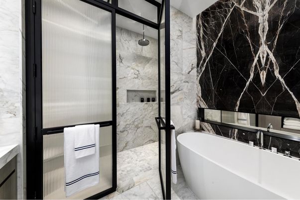 Bathroom, Free Standing Baths, Glass Shower, Interior, Marble, Marble Walls