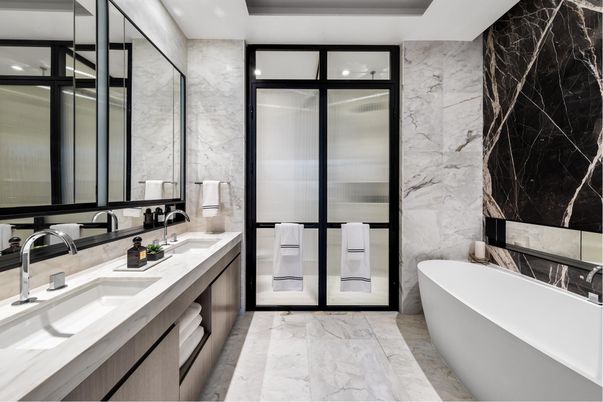 Bathroom, Dual Sink Vanities, Free Standing Baths, Interior, Marble, Marble Walls, Recessed Lighting