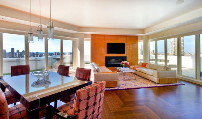 Dining room, Fireplace, Interior, Living room, Pendant Lights, Water, Wood Texture Flooring