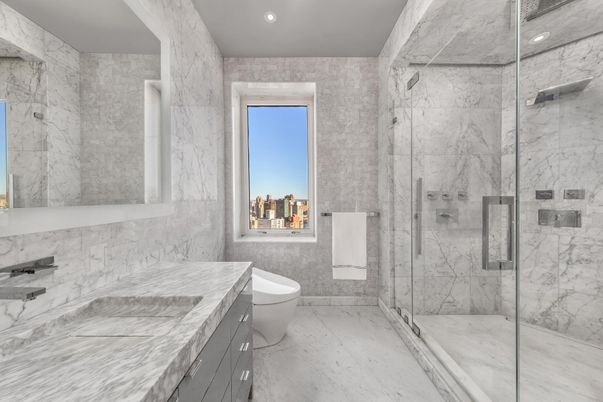 Bathroom, Glass Shower, Interior, Marble, Marble Walls, Recessed Lighting