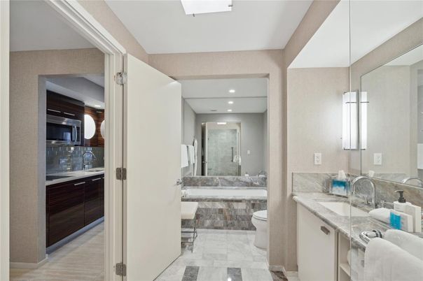 Bathroom, Dual Sink Vanities, Interior, Marble, Recessed Lighting
