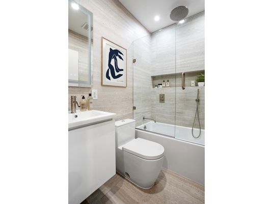 Bathroom, Glass Shower, Interior, Recessed Lighting, Wood Texture Flooring