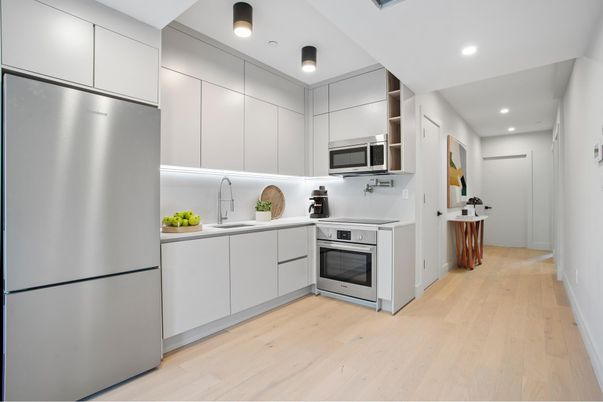 Interior, Kitchen, Recessed Lighting, Stainless Steel Appliances, Wood Texture Flooring