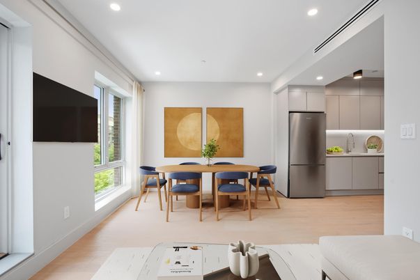 Dining room, Interior, Kitchen, Recessed Lighting, Stainless Steel Appliances, Wood Texture Flooring