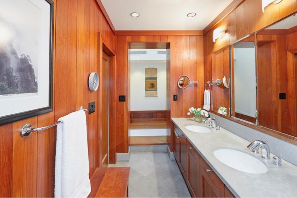Bathroom, Dual Sink Vanities, Interior, Recessed Lighting, Wooden Walls