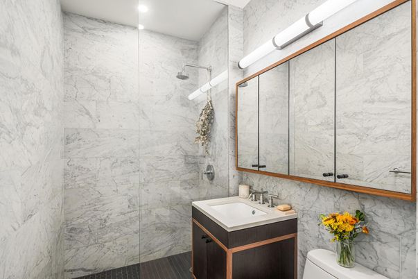 Bathroom, Glass Shower, Interior, Marble Walls, Recessed Lighting