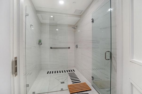 Bathroom, Glass Shower, Interior, Marble Walls, Recessed Lighting