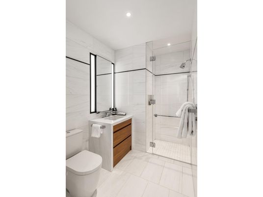 Bathroom, Glass Shower, Interior, Marble Walls, Recessed Lighting