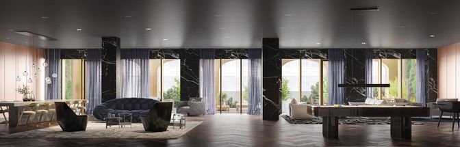 Interior, Living room, Marble Walls, Recessed Lighting, Wood Texture Flooring