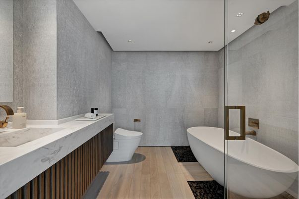 Bathroom, Dual Sink Vanities, Free Standing Baths, Interior, Recessed Lighting, Wood Texture Flooring