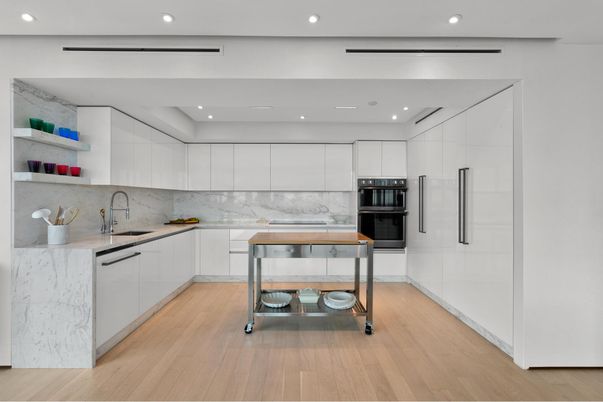 Interior, Kitchen, Marble Walls, Recessed Lighting, Stainless Steel Appliances, Wood Texture Flooring