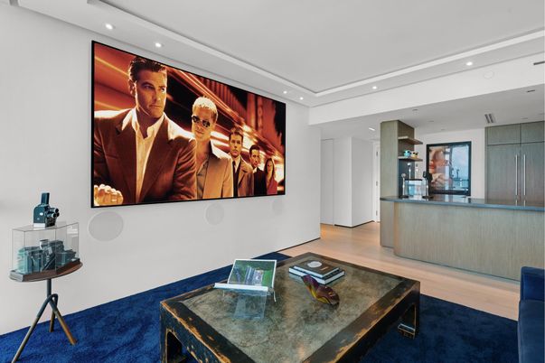 Interior, Projection Screen, Recessed Lighting, Theatre Room, Wood Texture Flooring