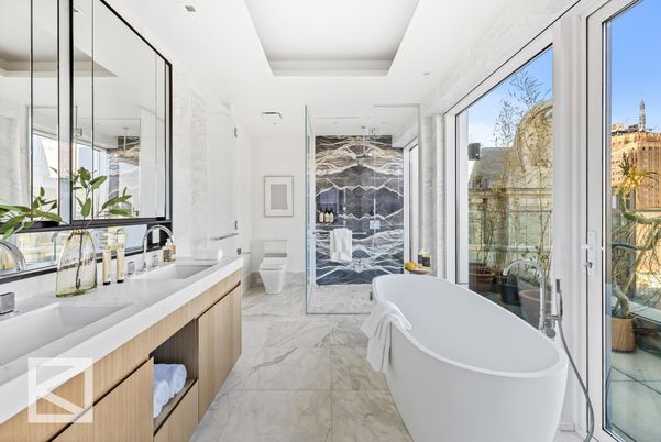 Bathroom, Dual Sink Vanities, Free Standing Baths, Glass Shower, Interior, Marble, Marble Walls, Recessed Lighting