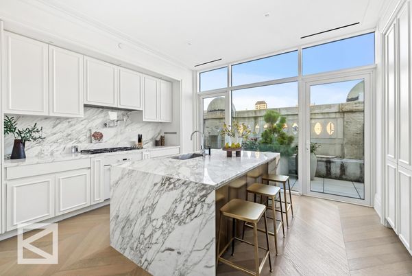 Interior, Kitchen, Marble Walls, Recessed Lighting, Wood Texture Flooring