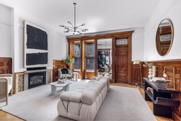 Fireplace, Interior, Living room, Pendant Lights, Wood Texture Flooring, Wooden Walls
