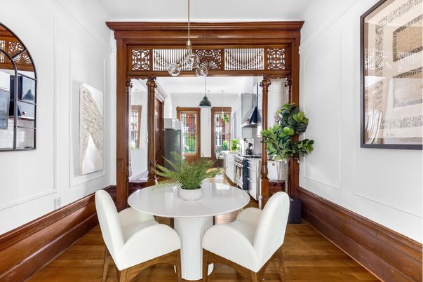 Dining room, Interior, Kitchen, Pendant Lights, Wood Texture Flooring