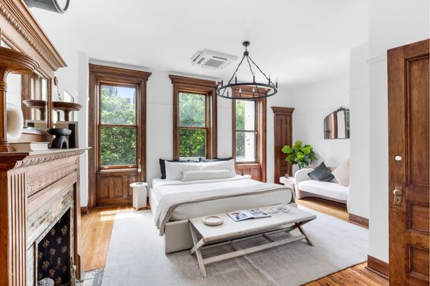 Bedroom, Chandelier, Fireplace, Interior, Wood Texture Flooring