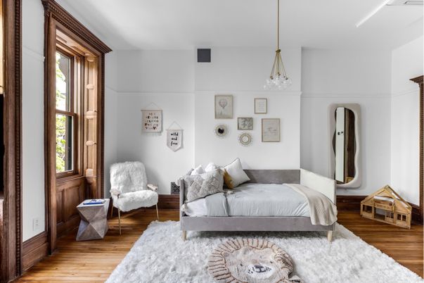 Bedroom, Interior, Pendant Lights, Wood Texture Flooring