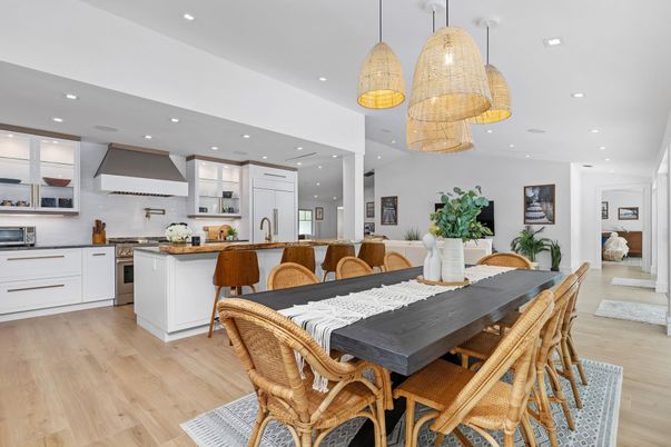 Dining room, Interior, Kitchen, Pendant Lights, Recessed Lighting, Stainless Steel Appliances, Wood Texture Flooring