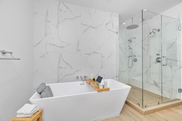 Bathroom, Free Standing Baths, Glass Shower, Interior, Marble Walls, Wood Texture Flooring