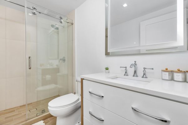 Bathroom, Glass Shower, Interior, Recessed Lighting, Wood Texture Flooring