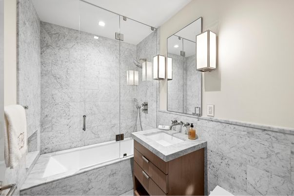 Bathroom, Glass Shower, Interior, Marble Walls, Recessed Lighting