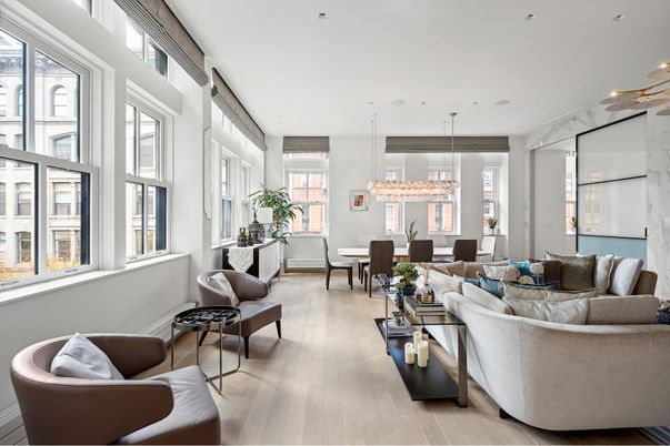 Dining room, Interior, Living room, Marble Walls, Pendant Lights, Recessed Lighting, Wood Texture Flooring