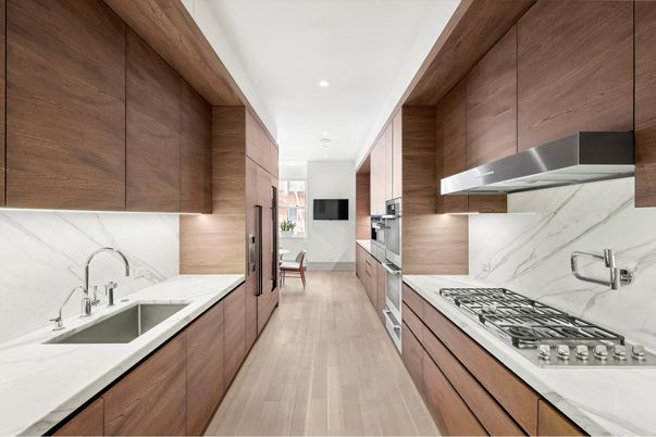 Interior, Kitchen, Marble Walls, Recessed Lighting, Stainless Steel Appliances, Wood Texture Flooring