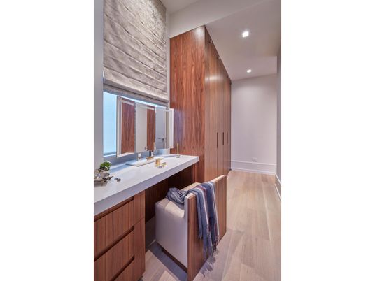 Bathroom, Interior, Recessed Lighting, Wood Texture Flooring, Wooden Walls