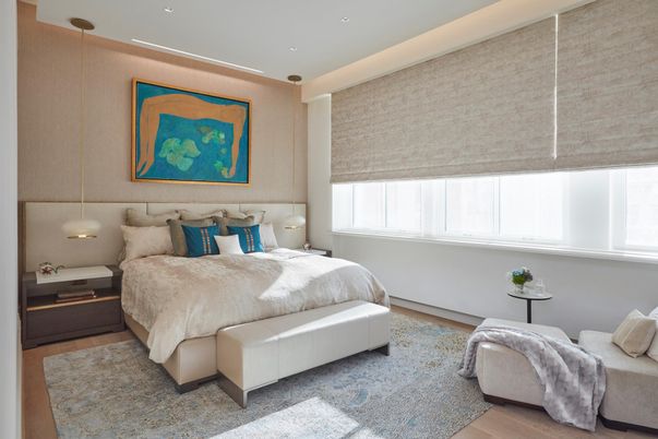 Bedroom, Interior, Pendant Lights, Recessed Lighting, Wood Texture Flooring