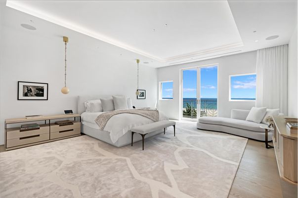 Bedroom, Interior, Pendant Lights, Recessed Lighting, Water, Wood Texture Flooring