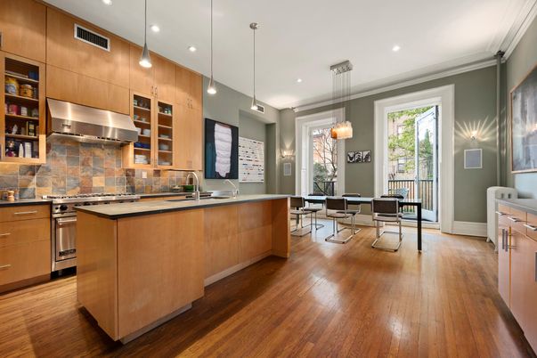 Dining room, Interior, Kitchen, Pendant Lights, Recessed Lighting, Stainless Steel Appliances, Wood Texture Flooring