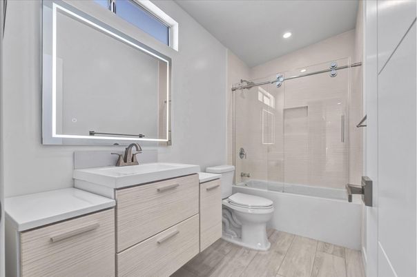 Bathroom, Glass Shower, Interior, Recessed Lighting, Wood Texture Flooring