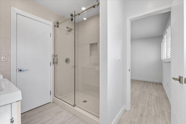 Bathroom, Glass Shower, Interior, Wood Texture Flooring
