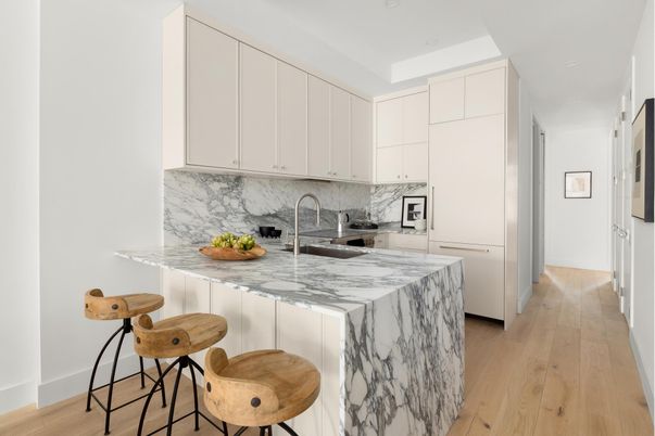 Interior, Kitchen, Marble Walls, Recessed Lighting, Wood Texture Flooring