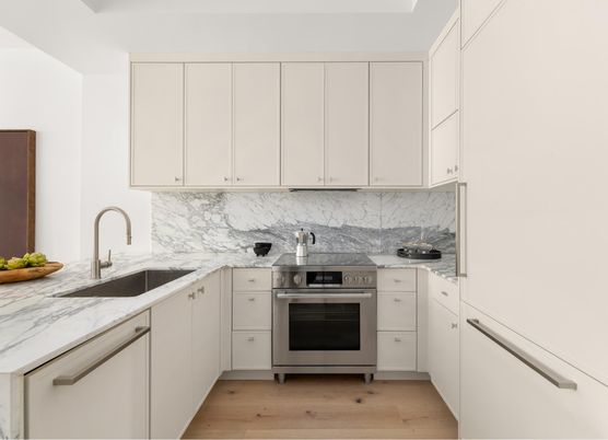 Interior, Kitchen, Marble Walls, Stainless Steel Appliances, Wood Texture Flooring