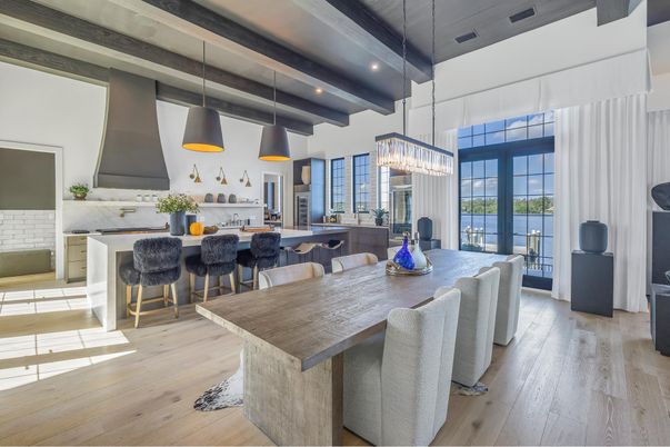 Dining room, Interior, Kitchen, Pendant Lights, Recessed Lighting, Wooden Beams, Wood Texture Flooring