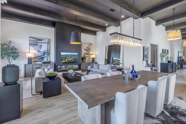 Dining room, Interior, Living room, Pendant Lights, Recessed Lighting, Wooden Beams, Wood Texture Flooring
