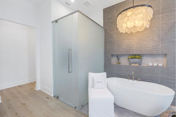 Bathroom, Free Standing Baths, Interior, Recessed Lighting, Wood Texture Flooring