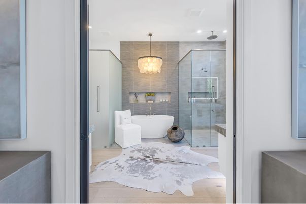 Bathroom, Free Standing Baths, Glass Shower, Interior, Pendant Lights, Recessed Lighting, Wood Texture Flooring
